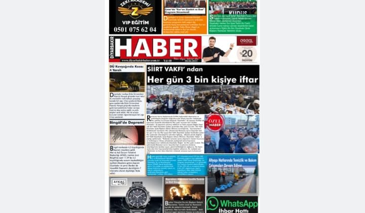 📌 8 Nisan Cumartesi  Diyarbakır Haber Gazetesi “Her gün 3 bin kişiye iftar” Manşetiyle okurlarıyla buluşuyor