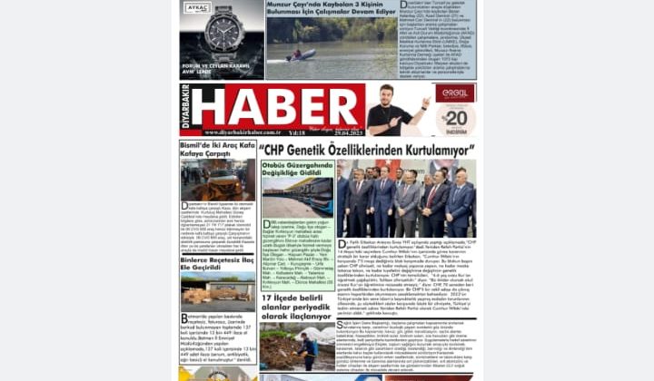 📌29 Nisan Cumartesi Diyarbakır Haber Gazetesi “CHP Genetik Özelliklerinden Kurtulamıyor” Manşetiyle okurlarıyla buluşuyor