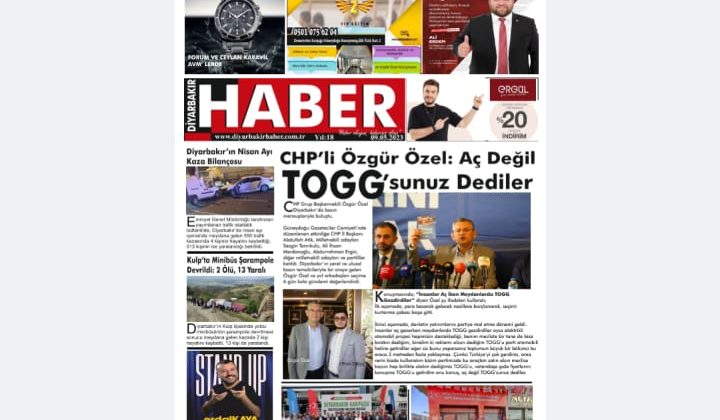 📌9 Mayıs Salı Diyarbakır Haber Gazetesi “Aç Değil TOGG’sunuz” Manşetiyle okurlarıyla buluşuyor