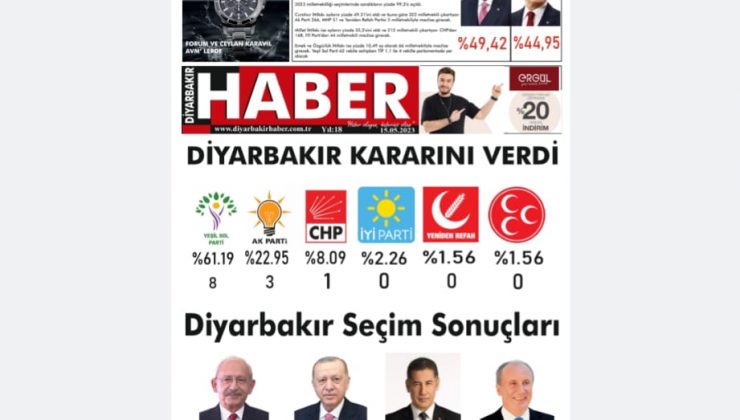 📌15 Mayıs Pazartesi  Diyarbakır Haber Gazetesi “DİYARBAKIR KARARINI VERDİ” Manşetiyle okurlarıyla buluşuyor