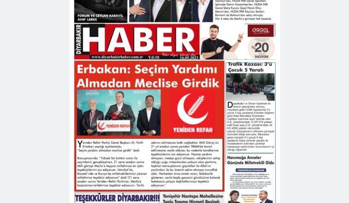 📌16 Mayıs Salı Diyarbakır Haber Gazetesi “Seçim Yardımı Almadan Meclise Girdik” Manşetiyle okurlarıyla buluşuyor