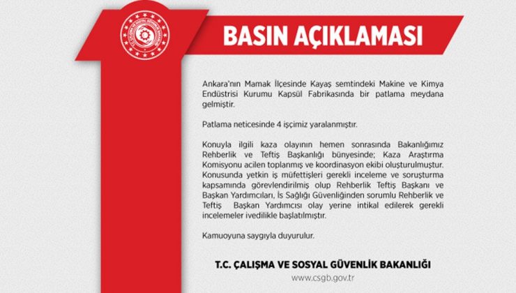 Bakanlık’tan MKE’de Meydana Gelen Patlama ile İlgili Açıklama