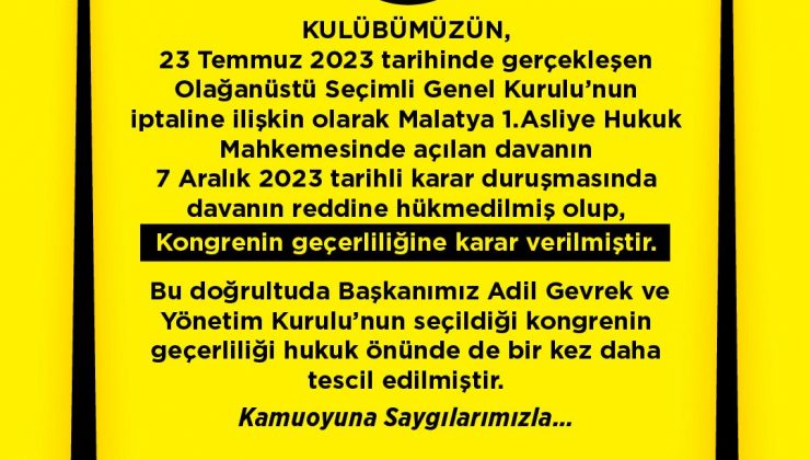 Yeni Malatyaspor’da Adil Gevrek’in Başkanlığı tescillendi